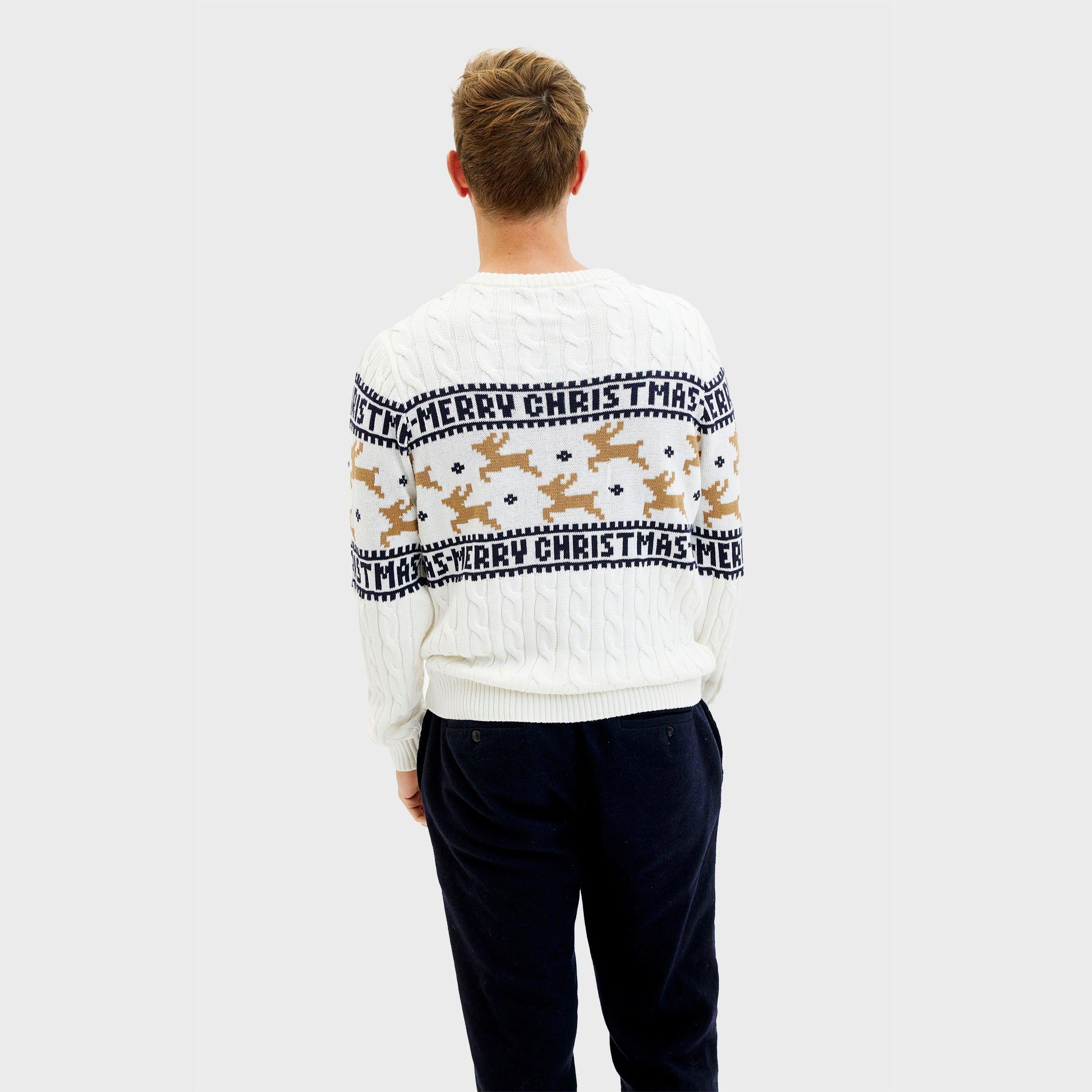Weißer Weihnachtspullover Herren mit Sternen und Schriftzug Merry Christmas.